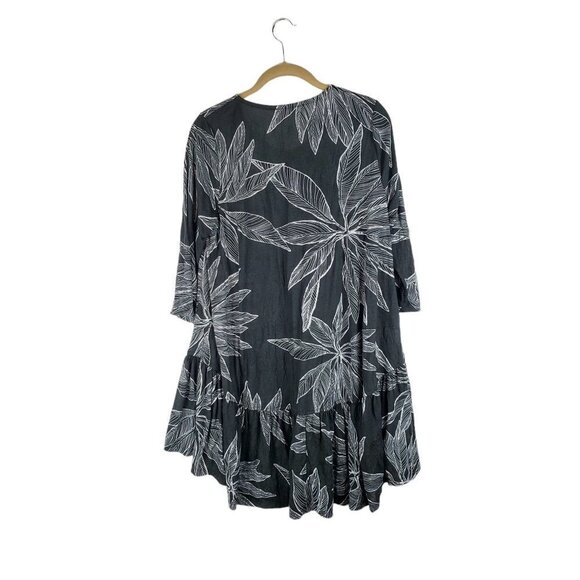 Alembika Tunic Top Black White Leaf Nylon Tiered Ruffle Hem Womens Size Small - Picture 2 of 8